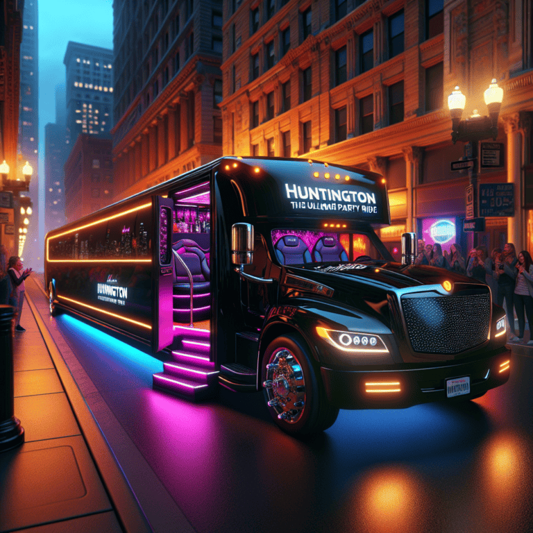 Neon-lit luxury party bus on city street