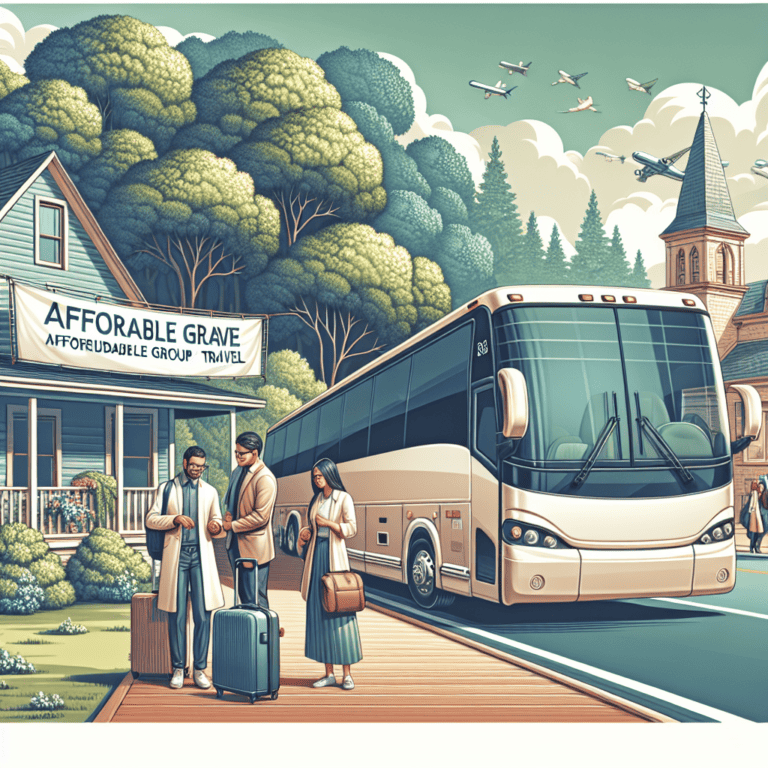 Group travelers boarding tour bus near travel office