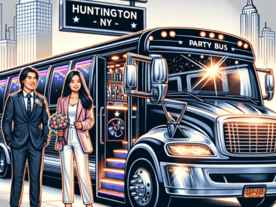 Couple beside Huntington NY party bus at night