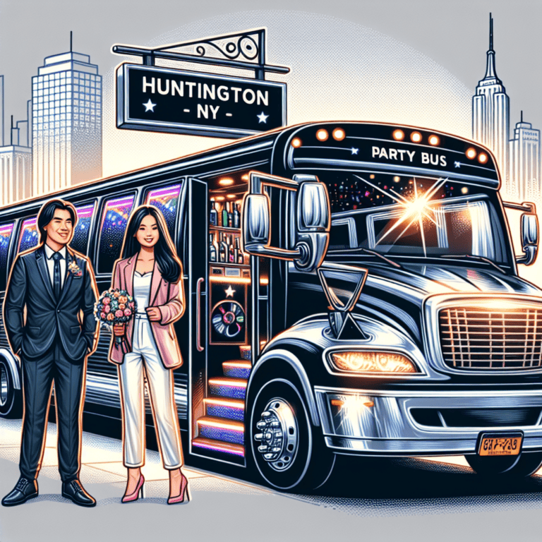 Couple beside Huntington NY party bus at night