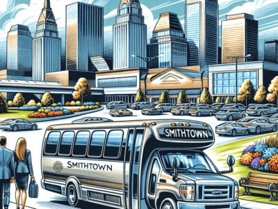 Smithtown shuttle bus in front of city skyline