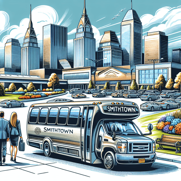 Smithtown shuttle bus in front of city skyline