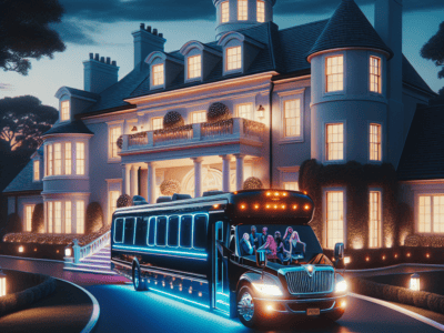 Luxury party bus parked outside illuminated mansion at night