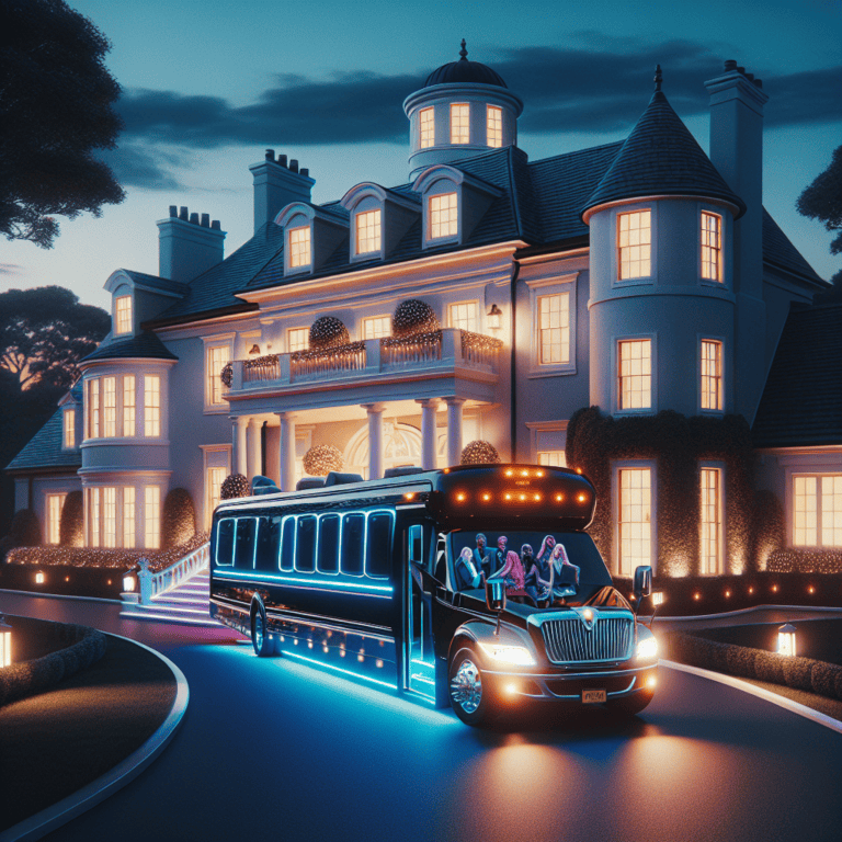 Luxury party bus parked outside illuminated mansion at night