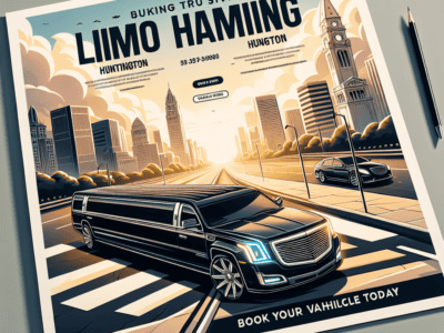 Black limousine in city skyline promotional poster