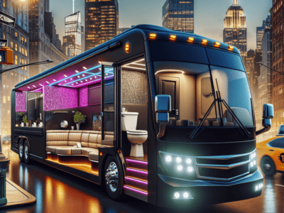 Luxury neon-lit motorhome parked in city at night