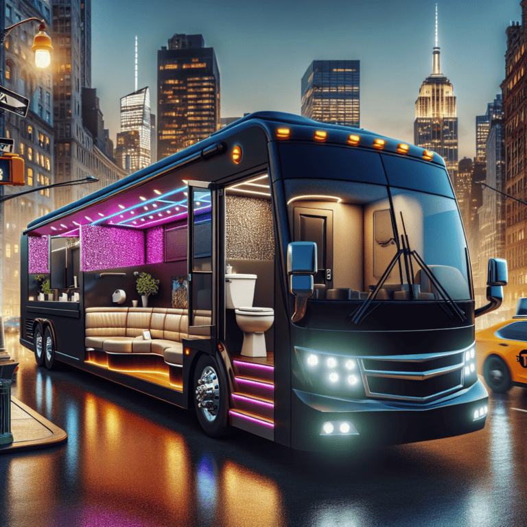 Luxury neon-lit motorhome parked in city at night