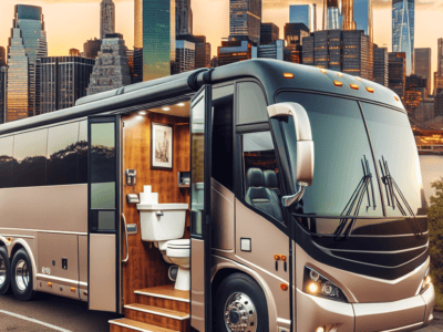 Luxury motorhome with bathroom parked by city skyline