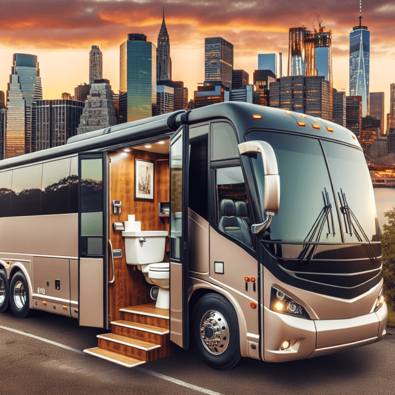 Luxury motorhome with bathroom parked by city skyline