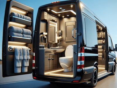 Luxury van bathroom with toilet, sink, towels