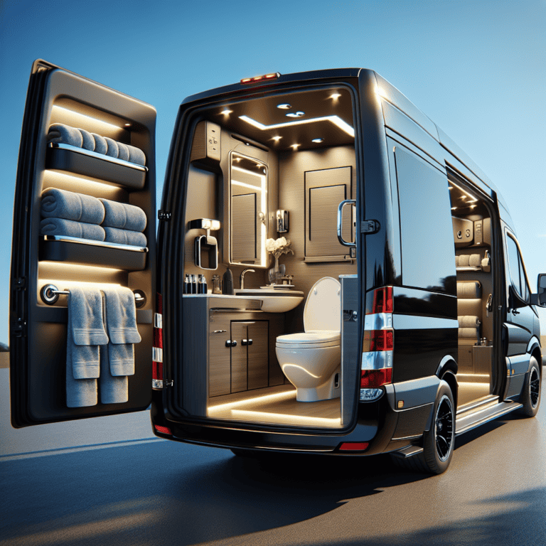 Luxury van bathroom with toilet, sink, towels