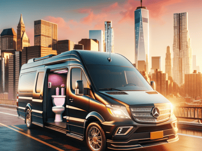 Luxury van with onboard toilet, city skyline backdrop