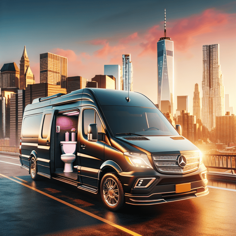 Luxury van with onboard toilet, city skyline backdrop