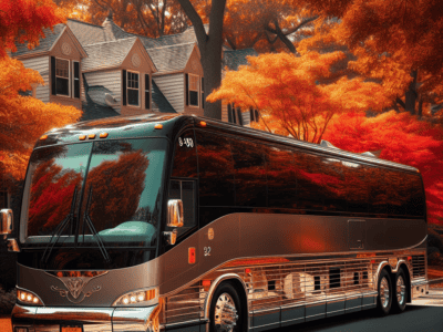 Luxury tour bus parked on autumn suburban street