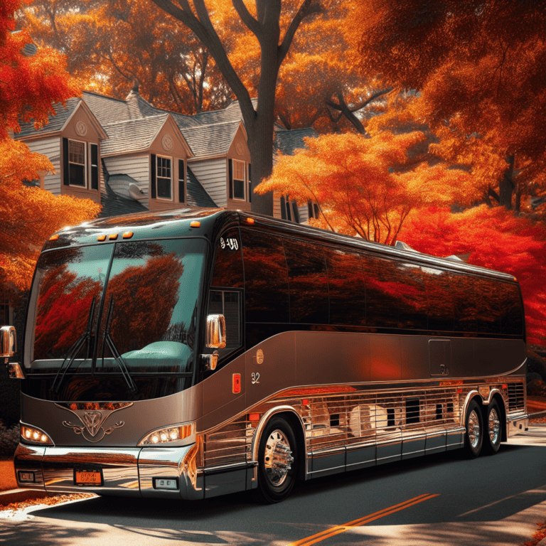 Luxury tour bus parked on autumn suburban street