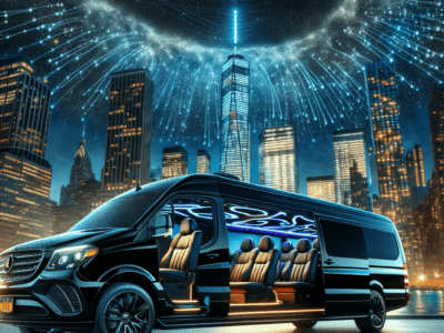 Luxury limo van with starlight ceiling, NYC skyline