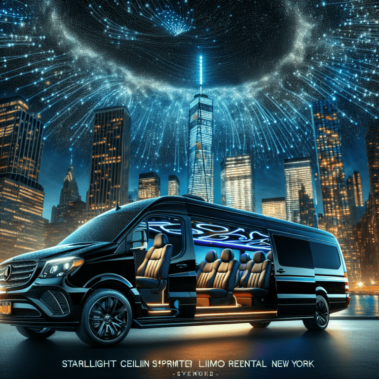 Luxury limo van with starlight ceiling, NYC skyline