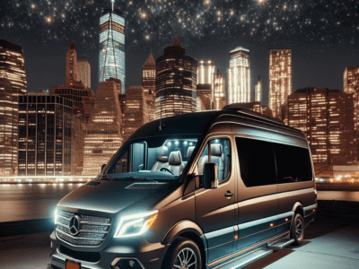 Luxury Mercedes van with city skyline at night