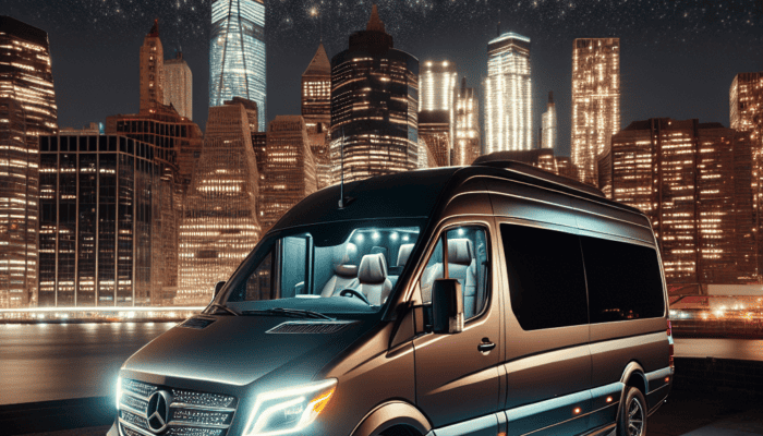 Luxury Mercedes van with city skyline at night