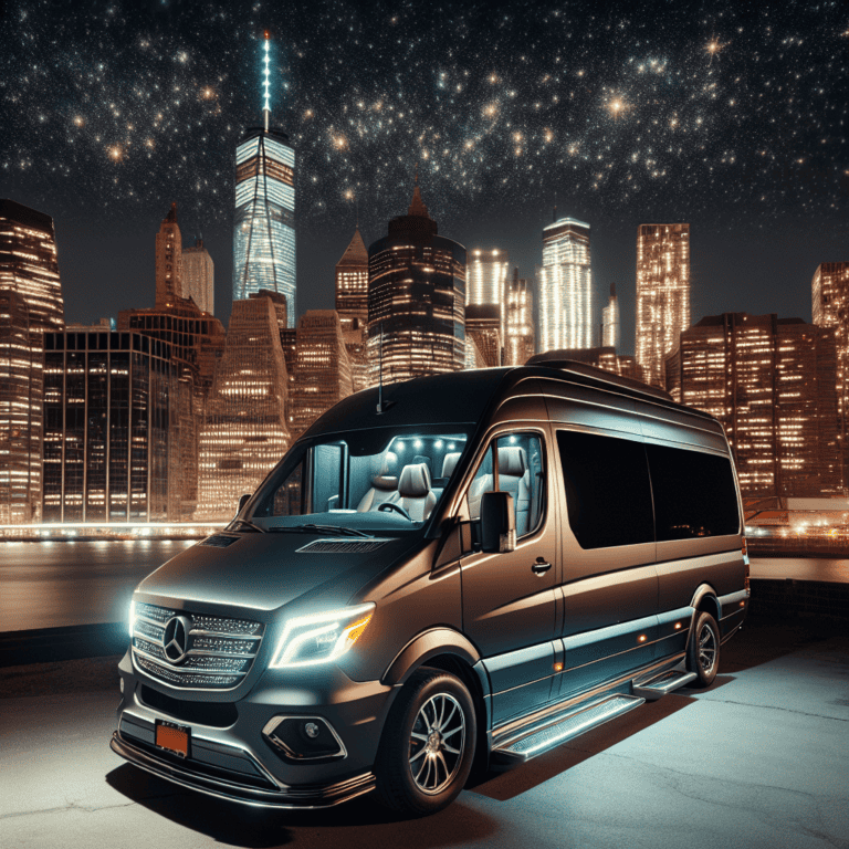 Luxury Mercedes van with city skyline at night