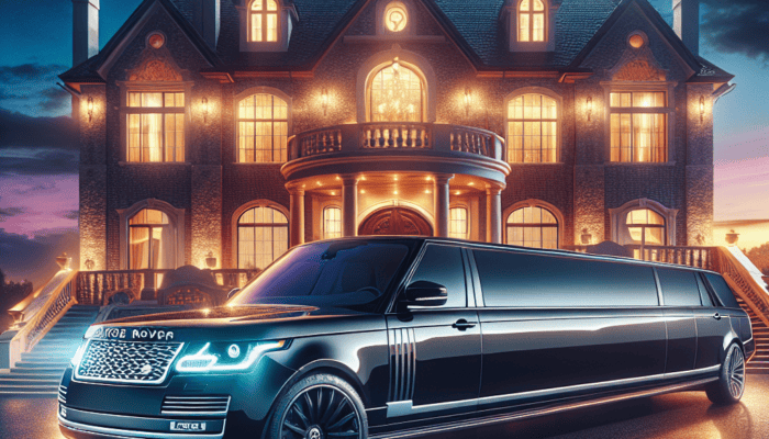 Black stretch limousine parked before luxury mansion at night