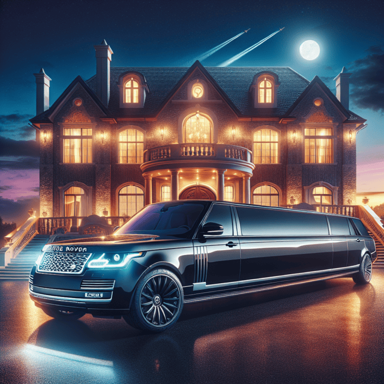 Black stretch limousine parked before luxury mansion at night