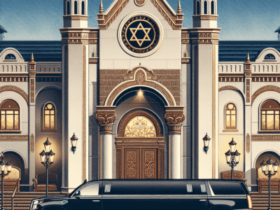Black limousine parked outside ornate synagogue building.