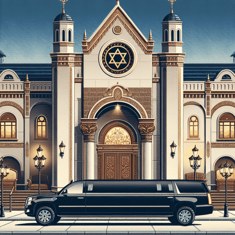 Black limousine parked outside ornate synagogue building.