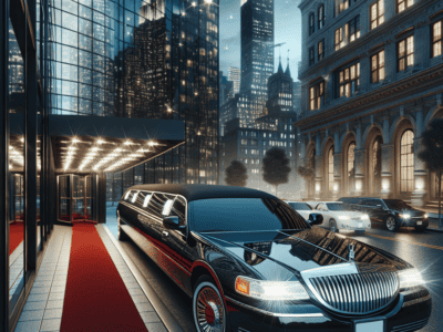 Luxury limousine outside upscale hotel at night