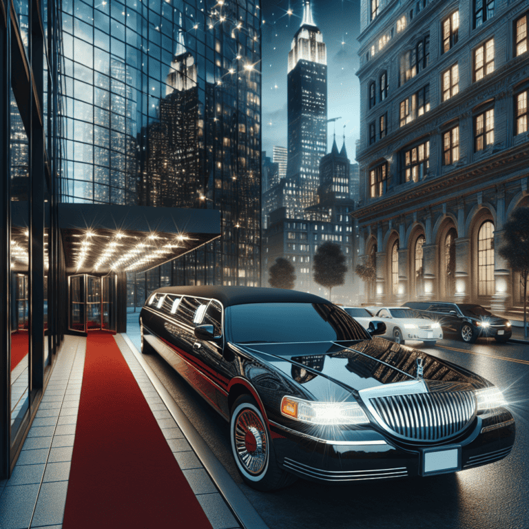 Luxury limousine outside upscale hotel at night