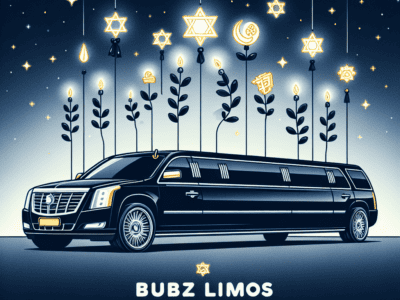 Black stretch limousine under hanging Star of David lights
