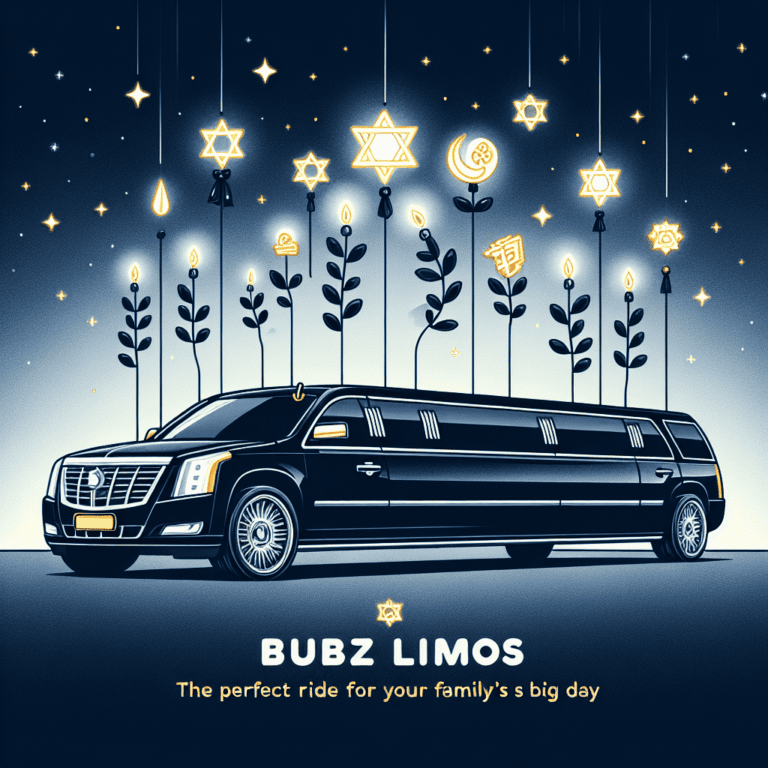 Black stretch limousine under hanging Star of David lights