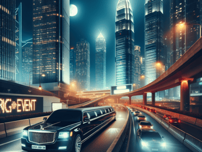 Black limousine driving through futuristic city at night