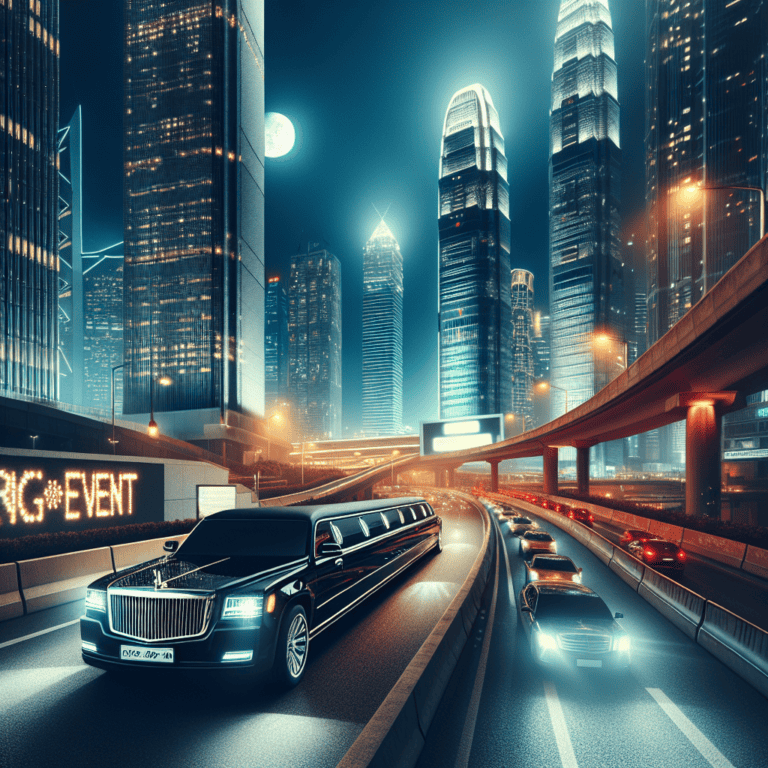 Black limousine driving through futuristic city at night