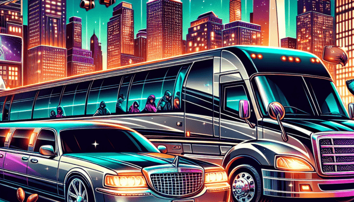 Limousine and tour bus in neon city at night