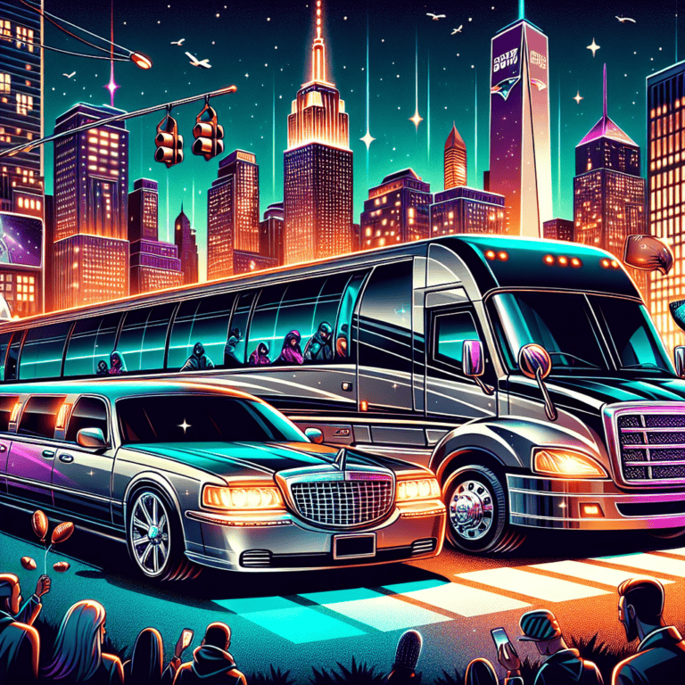 Limousine and tour bus in neon city at night