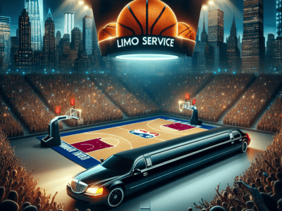Stretch limousine on basketball court in packed arena