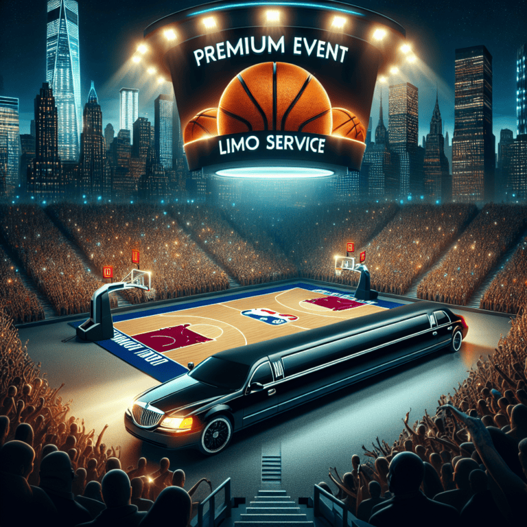 Stretch limousine on basketball court in packed arena