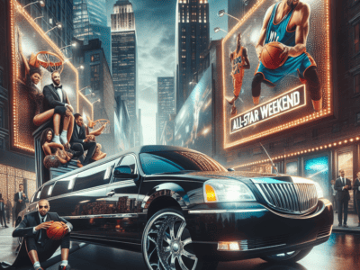 Limousine beneath basketball All-Star Weekend city billboards