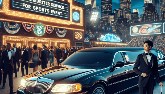 Luxury limousine and chauffeur at VIP sports event.