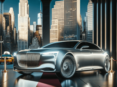 Luxury silver sedan displayed with city skyline backdrop