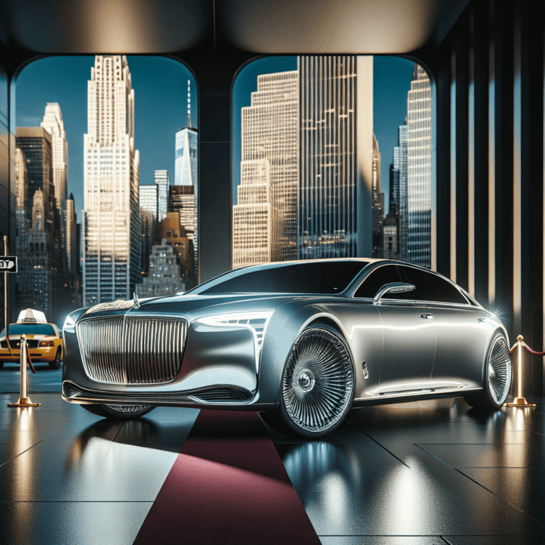 Luxury silver sedan displayed with city skyline backdrop