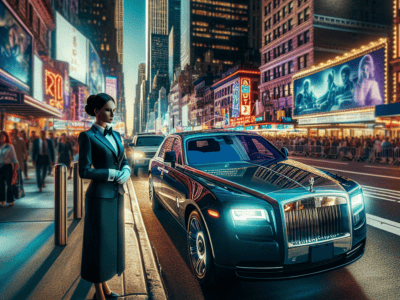 Luxury Rolls-Royce with chauffeur in Times Square at night