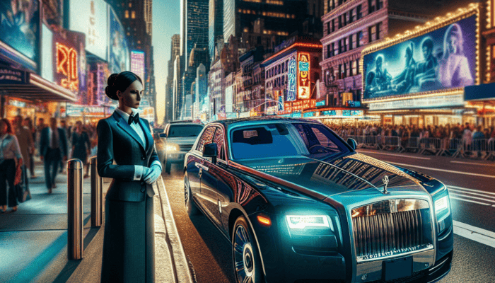 Luxury Rolls-Royce with chauffeur in Times Square at night
