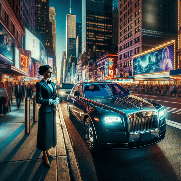 Luxury Rolls-Royce with chauffeur in Times Square at night