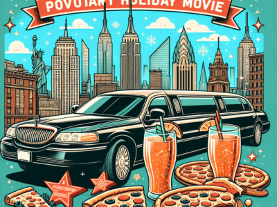 New York skyline, limousine, pizza and drinks illustration