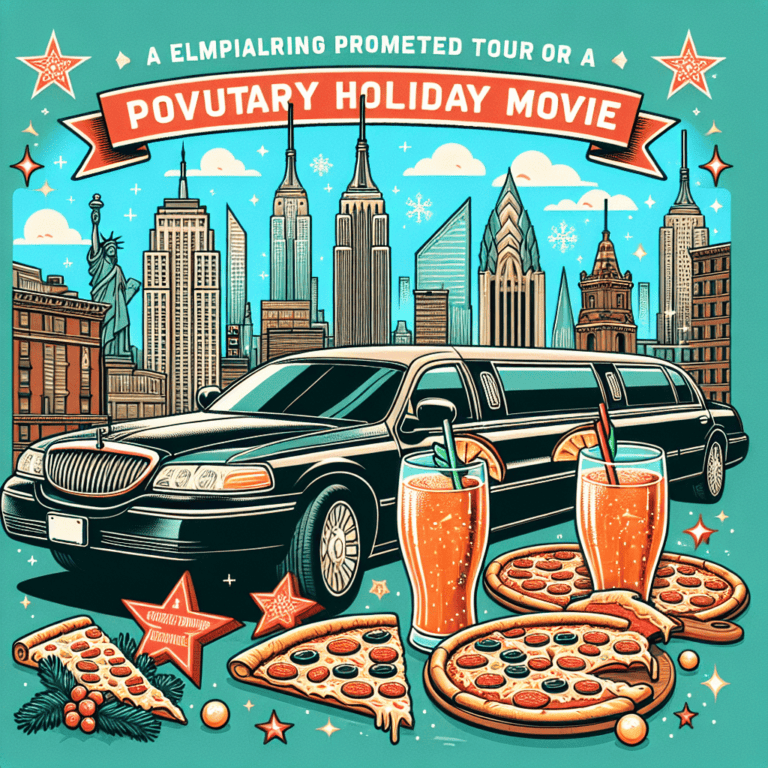 New York skyline, limousine, pizza and drinks illustration