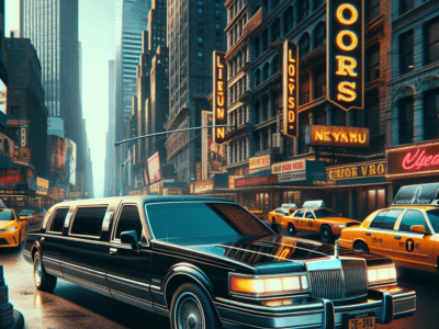 Black stretch limousine on neon-lit city street