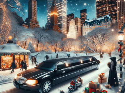 Black limousine in snowy city park at night