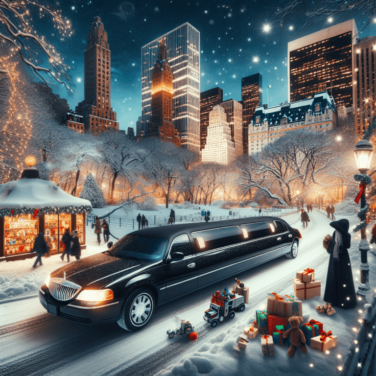 Black limousine in snowy city park at night